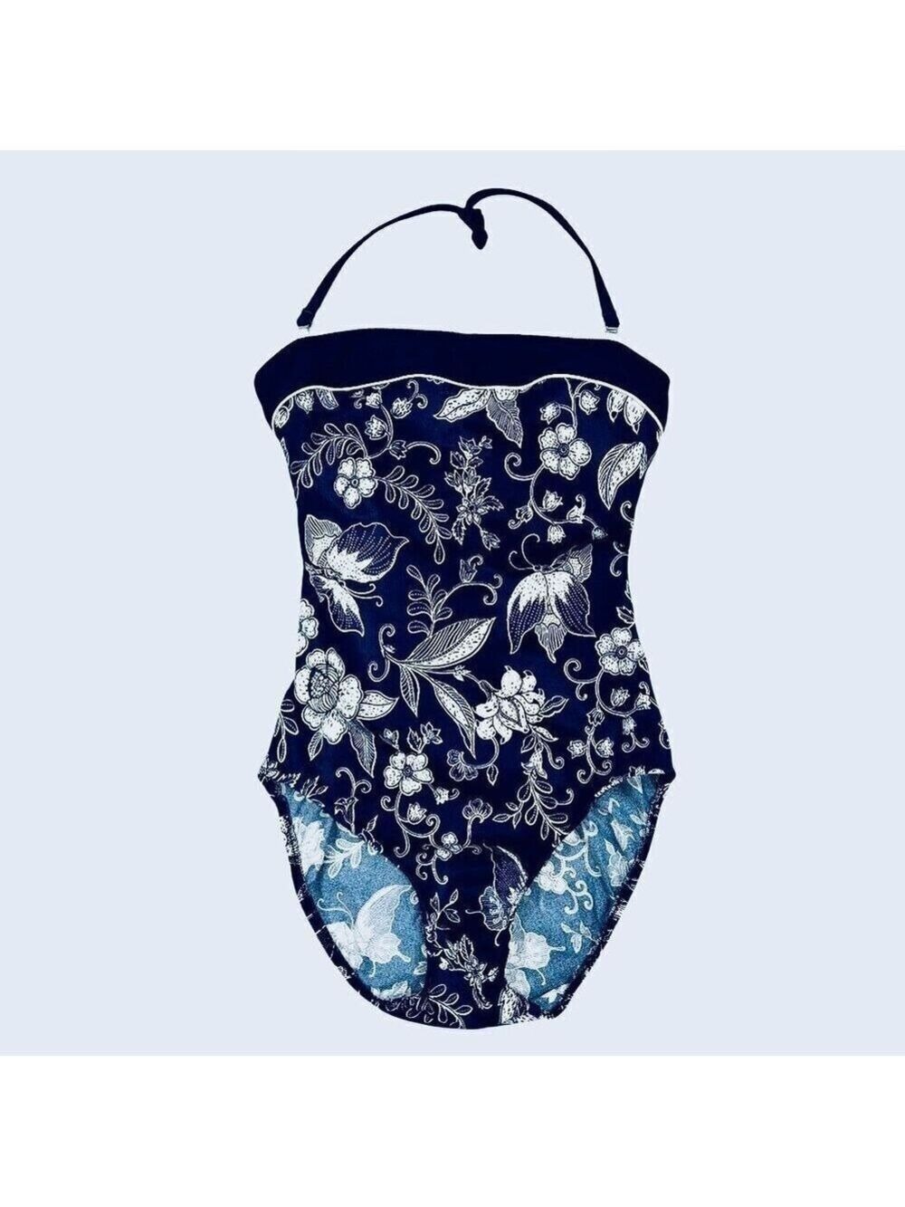 Longitude Navy Blue White Floral Print One-Piece Halter Swimsuit Size 10T